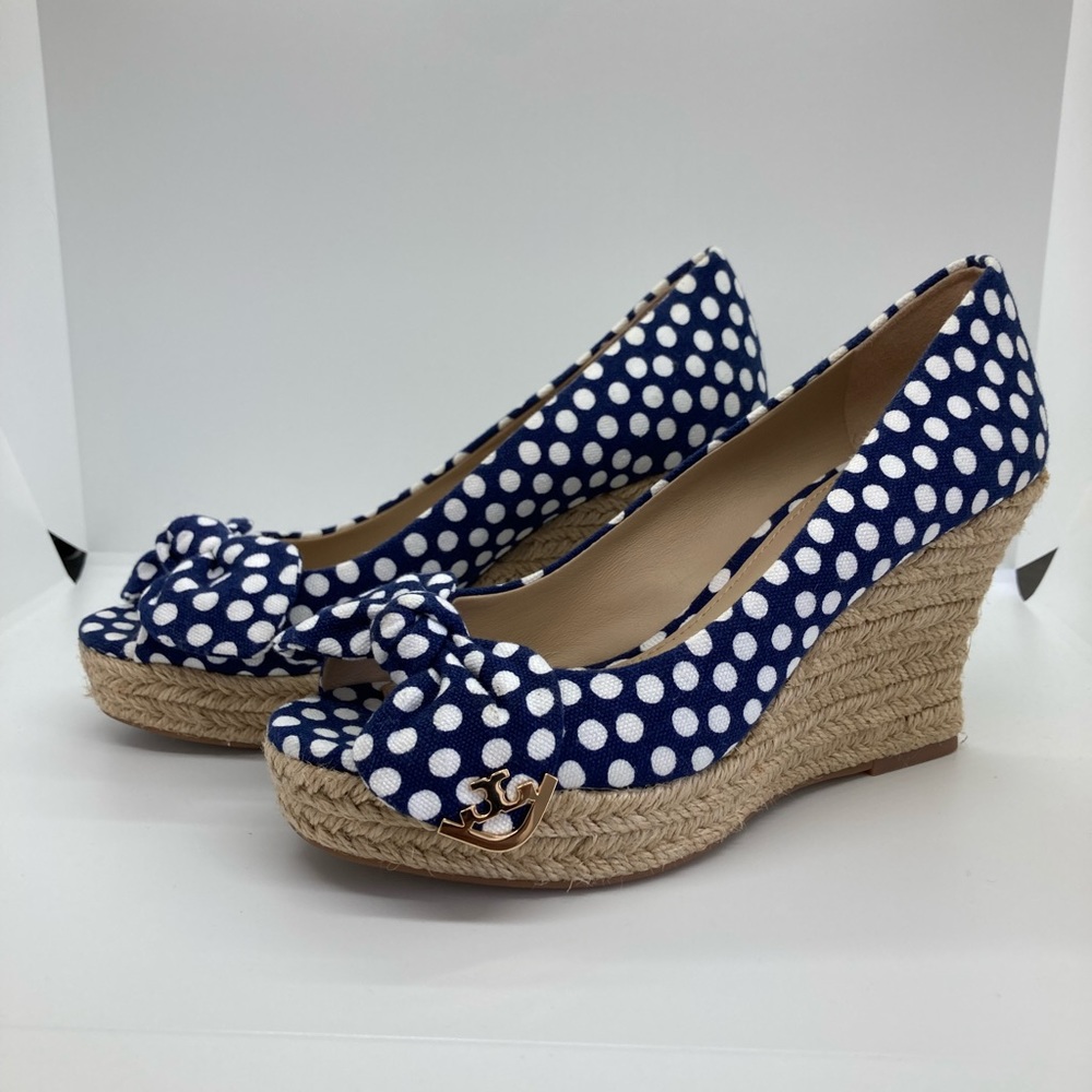 Tory Burch Dory Navy/White Polka Dot Peep Toe Espadrille Wedge- Size 5
